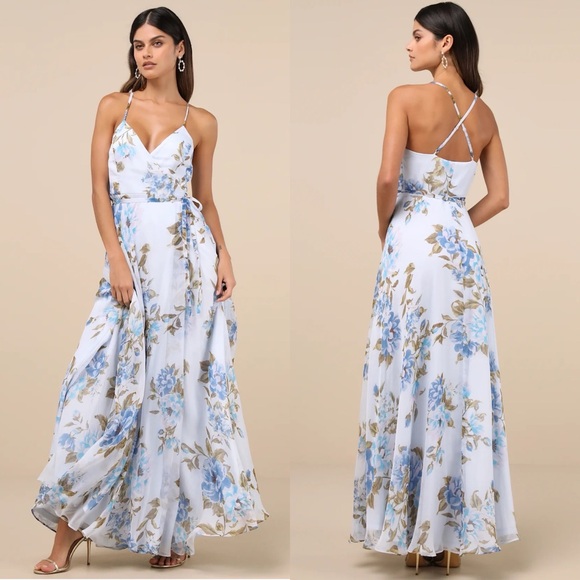 Lulus Dresses & Skirts - NWT Lulu’s Oh-So Romantic Pale Blue Floral Print Sleeveless Wrap Maxi Dress 2X